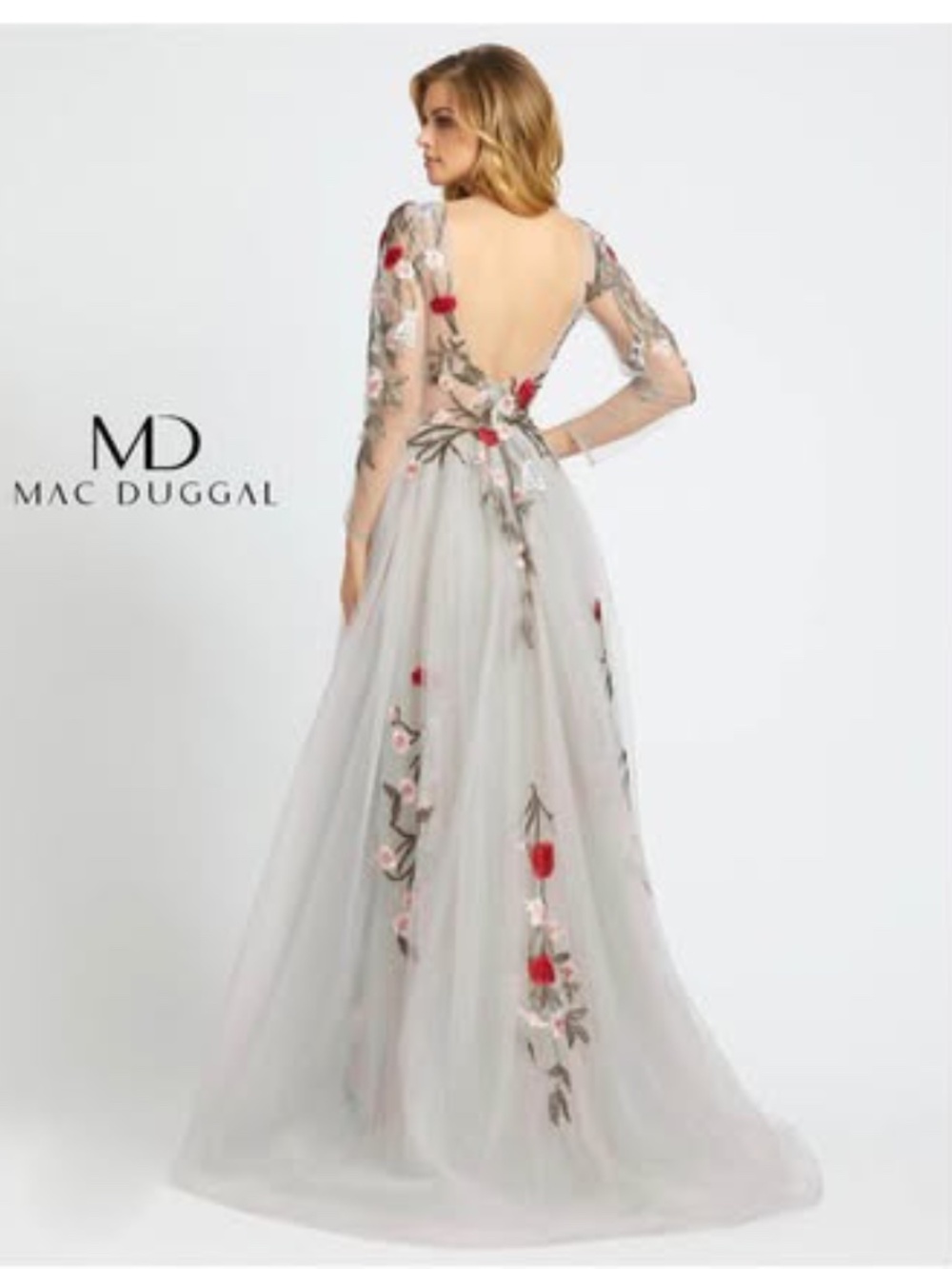 Stunning Mac Duggal floral embroidered Couture gown long sleeve V-neck - Picture 3 of 5